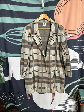 Anne Klein Gray and Beige Striped Knit Open Cardigan